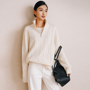 chris羊毛麻花翻领毛衣老钱复古半拉链宽松显瘦polo针织衫 上衣女