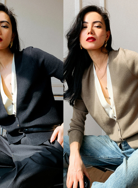 chris小倩假两件拼色V领毛衣 小众高级简约洋气宽松针织开衫女