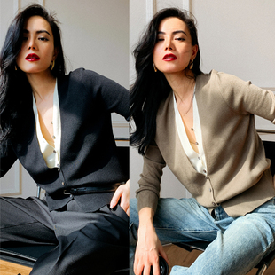 chris小倩假两件拼色V领毛衣 女 小众高级简约洋气宽松针织开衫