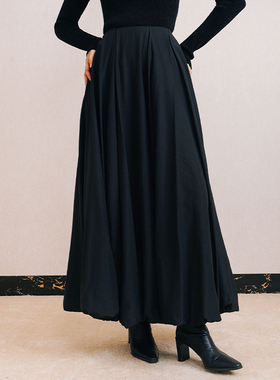 chris小倩时髦高级感黑色半身裙高腰显瘦A字大摆花苞长裙女2025秋