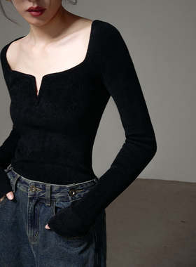 黑色长袖针织衫女大方V低领气质修身显瘦春秋毛衣打底衫内搭上衣