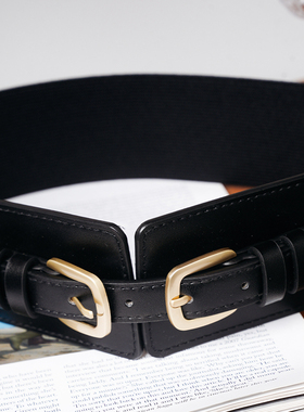 chris小倩高级感双扣针黑色宽腰带衬衫裙子大衣外套松紧收腰封