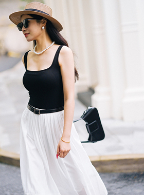 chris黑色方领针织空气杯吊带胸垫背心女外穿修身显瘦内搭上衣