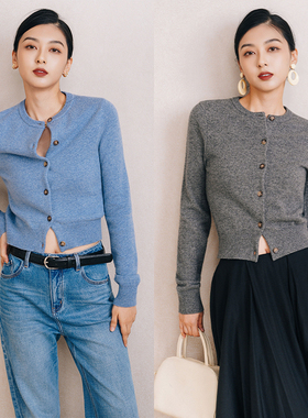 chris小倩羊绒羊毛经典圆领百搭针织开衫慵懒复古圆领毛衣外套女