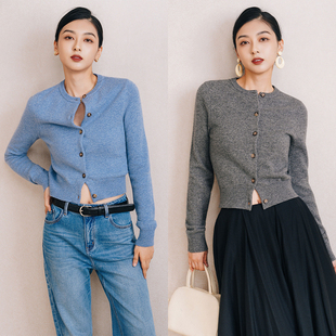 chris小倩羊绒羊毛经典 慵懒复古圆领毛衣外套女 圆领百搭针织开衫