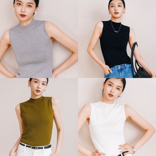 chris羊绒羊毛醋酸半高领背心