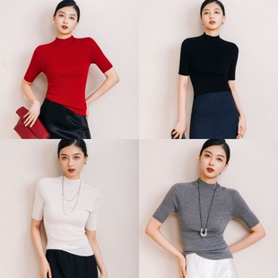 气质修身 长袖 内搭打底上衣女 无缝针织衫 chris羊毛半高圆领中短袖