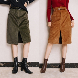 chris小倩复古风麂皮半裙气质直筒高腰显瘦加厚前开叉包臀裙秋冬