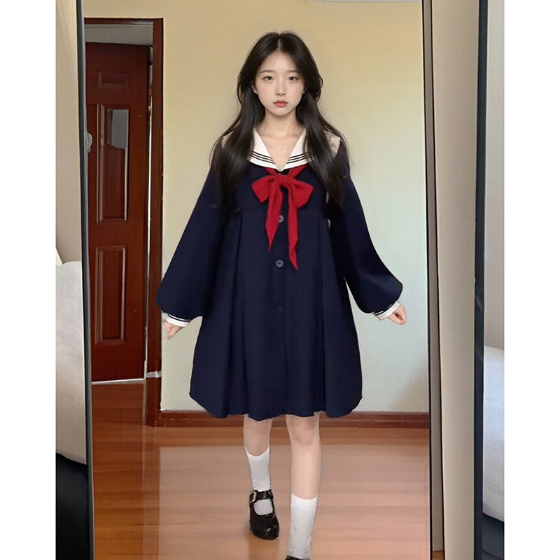 设计感JK制服日系新款学院风海军领灯笼袖蝴蝶结连衣裙中长款裙子