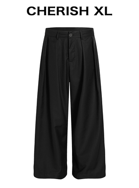 「王嘉尔同款」前后褶皱/宽松阔腿黑色西裤加厚男款/松弛慵懒感