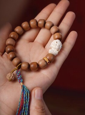 印度老山檀香木10X11老型桶珠搭配猛犸绿度母佛珠手串链饰品送礼