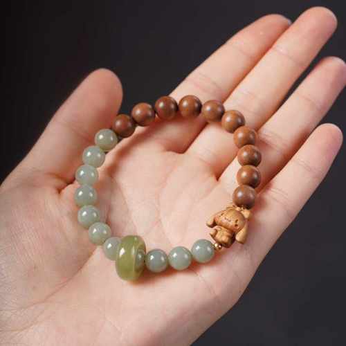 老山檀香木佛珠手串和田玉石跑环