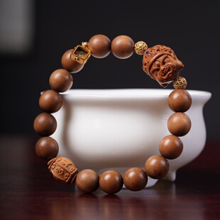 正宗印度老山檀香木10单圈圆珠佛珠手串搭配老山檀香黄财神手链