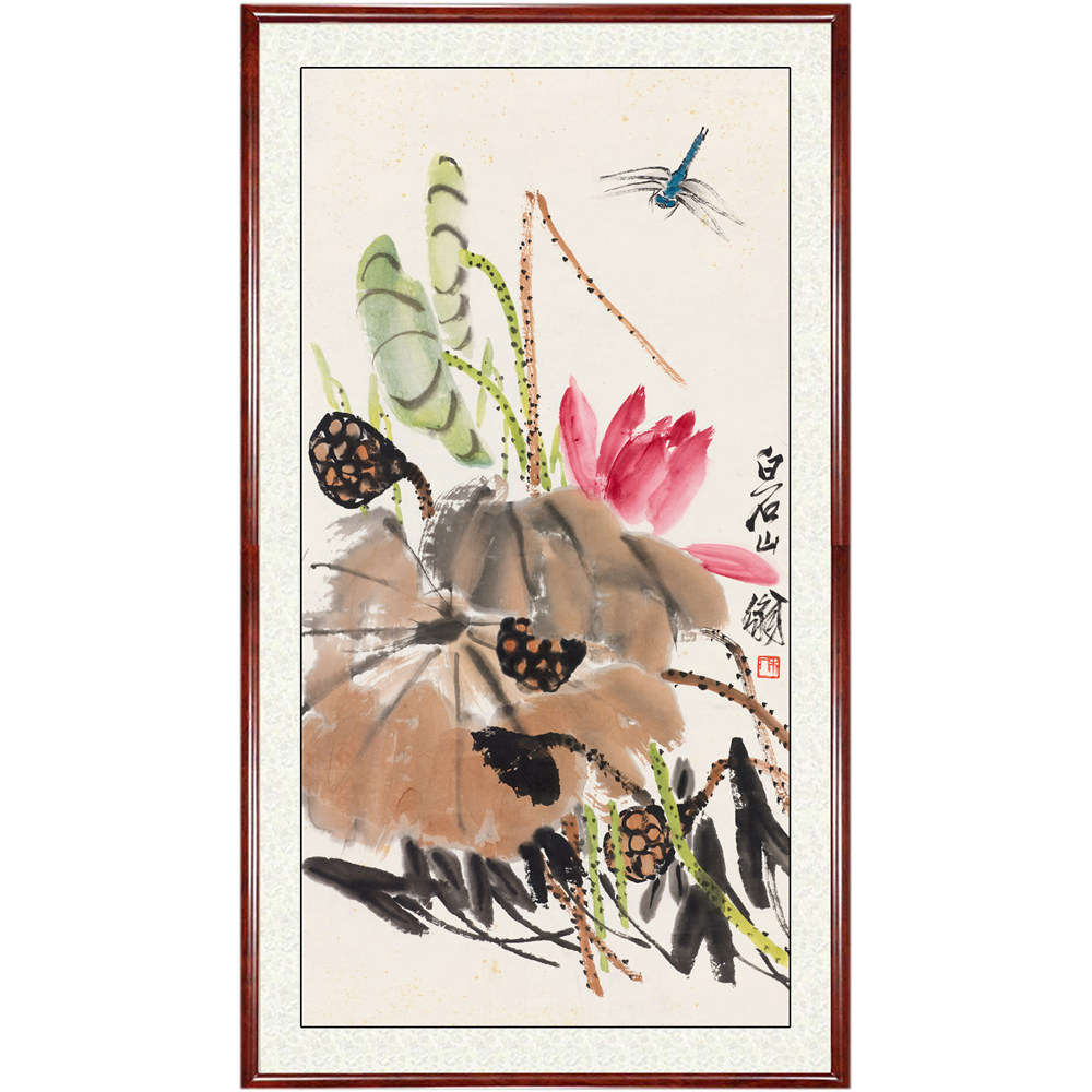 国画真迹装饰画玄关客厅新中式中国风仿齐白石荷花蜻蜓赠卷轴装裱