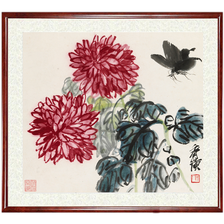 国画中式花卉水墨装饰画卧室客厅仿手绘真迹齐白石菊花蝴蝶赠装裱