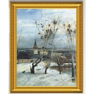 俄罗斯风景油画客厅挂画装饰画非手绘萨符拉索夫白嘴鸦飞回来了