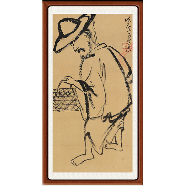 装饰画名人国画真迹客厅新中式现代简约水墨画仿齐白石渔翁赠装裱