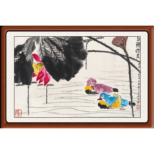 装饰画国画真迹客厅新中式花鸟画挂画鸳鸯仿齐白石白头偕老赠装裱