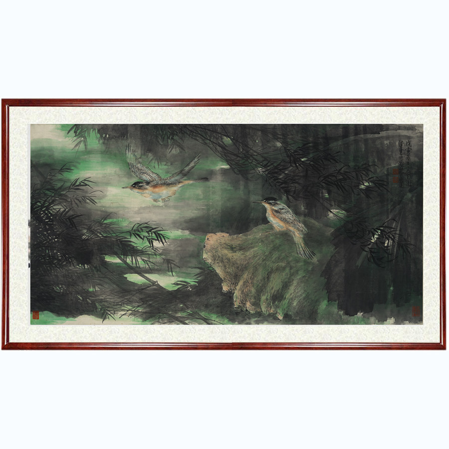 国画花鸟画客厅装饰画横幅餐厅仿名家手绘陈佩秋磐石双禽卷轴装裱