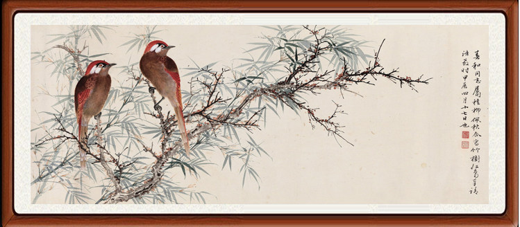 国画真迹装饰画花鸟画卧室客厅非手绘谢稚柳陈佩秋竹树红鸟赠装裱