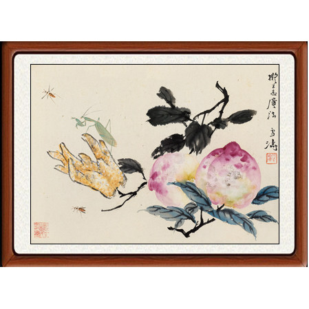 国画花鸟画客厅装饰画祝寿字画横幅挂画王雪涛双寿桃图赠卷轴装裱