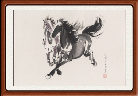 国画字画客厅真迹挂画书画作品八骏图奔马图仿徐悲鸿双马图赠装裱