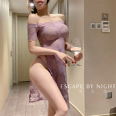 霓虹月下 趁夜家 性感睡裙qqny 温柔蕾丝纯欲透视开叉长款 旗袍套装