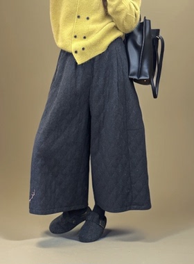 休闲裤时尚纯色宽松冬季保暖九分裤松紧腰阔腿裤无弹25725