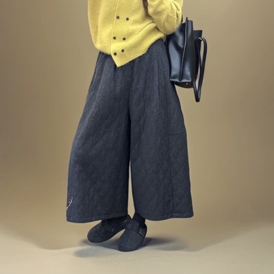 休闲裤时尚纯色宽松冬季保暖九分裤松紧腰阔腿裤无弹25725