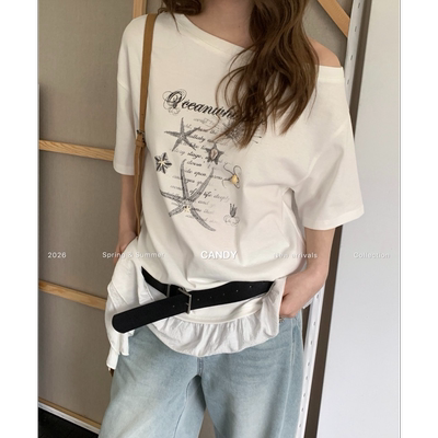 韩系简约风印花斜肩宽松短袖T恤女ZTK7067