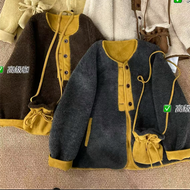 中长款慵懒风秋冬宽松时尚印花双面女加厚毛呢外套C9908