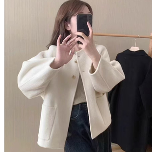 阔版系带羊绒大衣圆领常规毛呢外套短款女轻职风2434