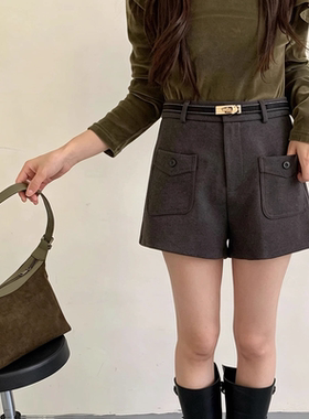 百搭阔腿休闲毛呢短裤女26592