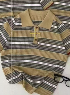 新款夏季撞色条纹POLO领短袖上衣修身显瘦A1119
