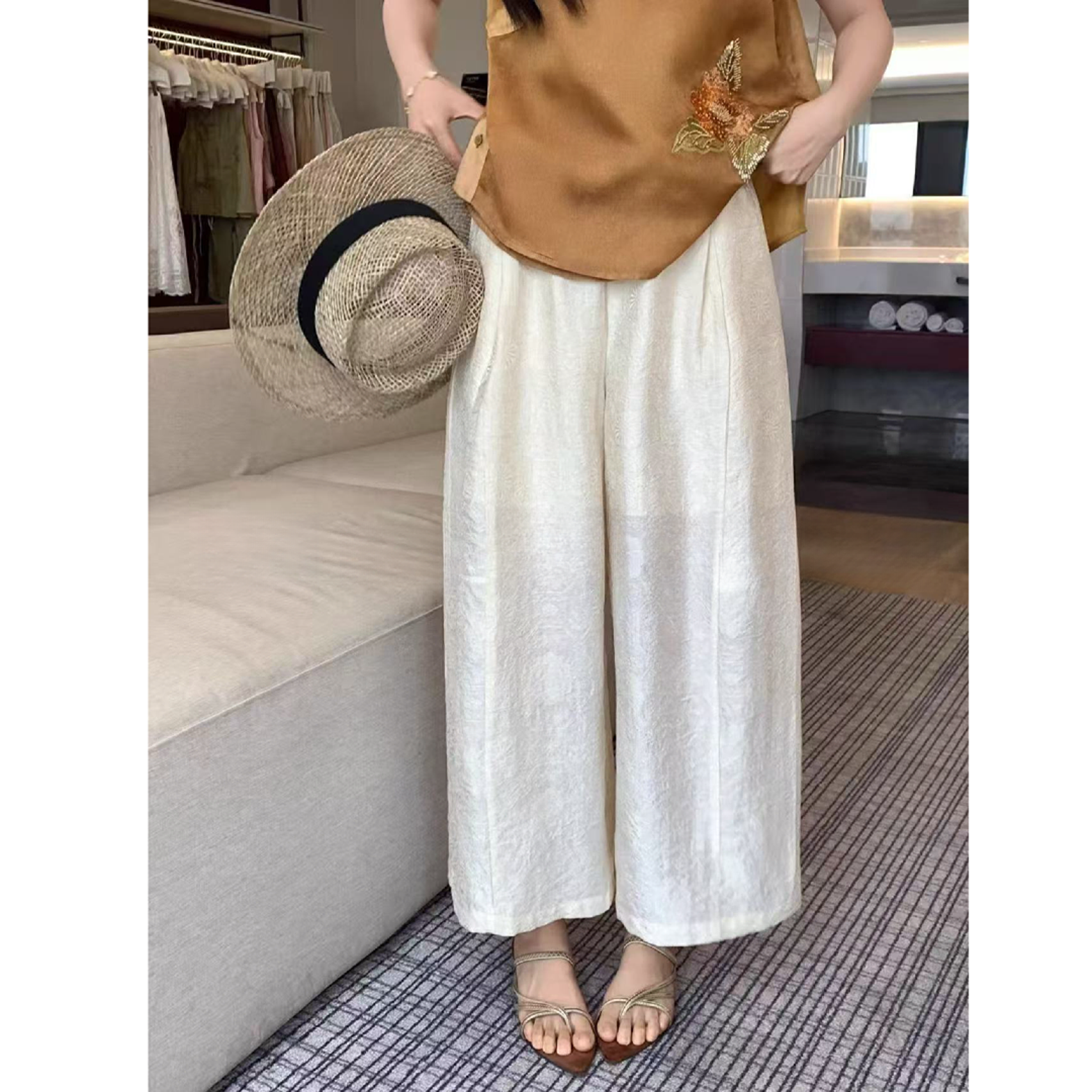 新款韩系宽松显瘦女夏季提花休闲八分阔腿裤8619