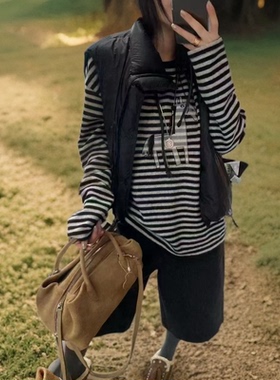 针织条纹圆领T恤假两件立体装饰磨毛时尚长袖拼接女82595