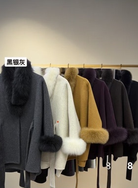 千金风纯黑长款毛呢外套中长款秋冬大袖黑银扎染双面GD88538