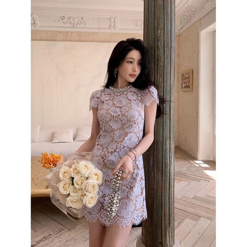 赵丽颖同款 sp法式千金洋气减龄蕾丝重工钉钻短袖连衣裙GBMQ68200