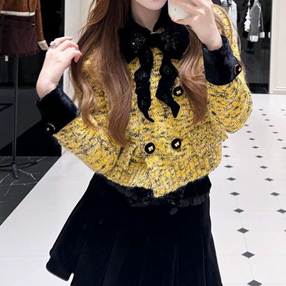 拉家2025秋季新款复古撞色蝴蝶结钉珠针织开衫外套上衣女GFC25113