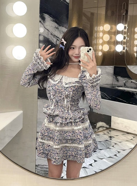拉家25秋季新款洛可可甜美碎花泡泡袖修身上衣/半裙套装GZJ68230
