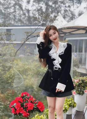 冰冰同款秋冬复古蕾丝领拼接荷叶边中长款设计感外套女GZJ67922