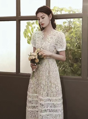 复古宫廷风蕾丝V领泡泡袖连衣裙洋气少女时尚女装中长裙GSEN5298