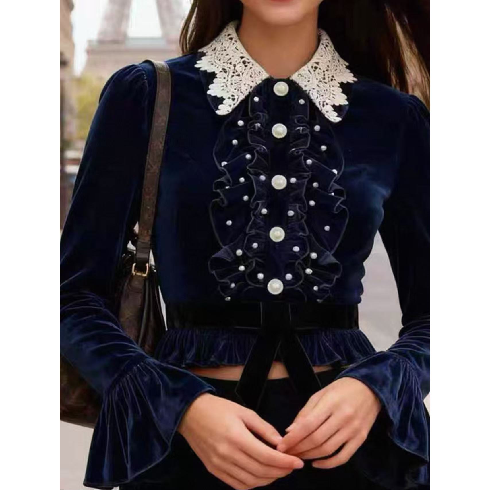 拉家纯格法式复古蕾丝荷叶边蓝色长袖上衣女蝴蝶结GBMQ68225