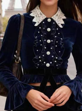 拉家纯格法式复古蕾丝荷叶边蓝色长袖上衣女蝴蝶结GBMQ68225