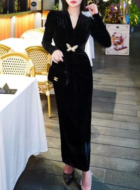 法式复古2024秋冬新款气质蝴蝶结装饰修身开叉丝绒连衣裙GXJ68076