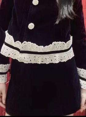 拉家冬季复古藏蓝色宫廷风花边a字半身裙短裙GZJ68090-1