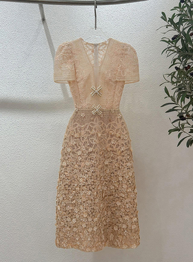 越南小众高贵千金名媛手工订花蕾丝礼服生日连衣裙夏季款GQW68010