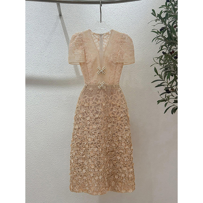 越南小众高贵千金名媛手工订花蕾丝礼服生日连衣裙夏季款GQW68010