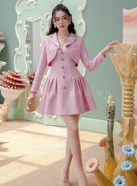 越南小众秋季甜美温柔小香风短外套/压褶吊带裙套装GSEN67916