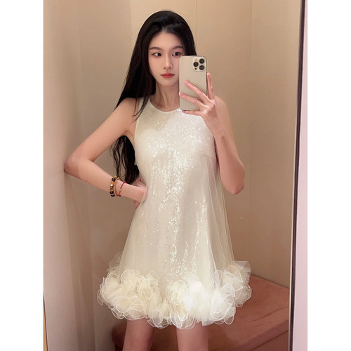 夏季女装公主亮片网纱立体堆花卷边裙摆无袖宽松连衣裙GFC250616
